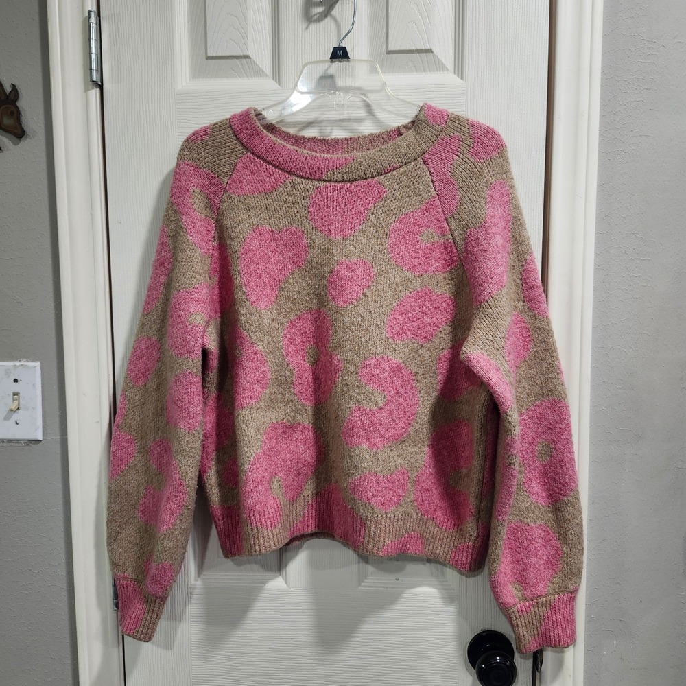 Lou & Grey Pink Tan Abstract Floral Wool Blend Crewneck Sweater Large